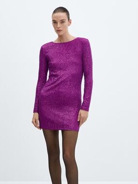 Mango MNG Purple Sequin Long Sleeve Mini Dress Size 4